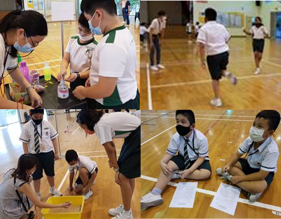 Students in school uniforms and face masks doing various activities in a gymnasium, including crafts and floor exercises.